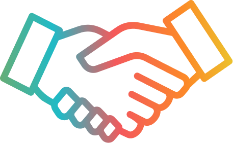 Ícone de aperto de mãos em traço contínuo com degradê colorido, simbolizando parceria institucional, cooperação, confiança e acordos firmados para execução de projetos culturais e serviços de assessoria.