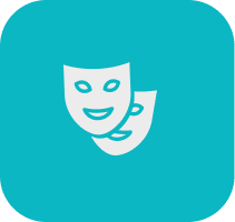 Ícone de máscaras teatrais em fundo azul, representando artes cênicas.