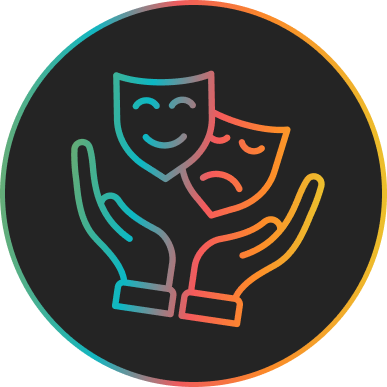 Ícone representando cultura e artes, simbolizando cuidado com expressões artísticas, diversidade cultural, teatro, criação e apoio a projetos culturais.