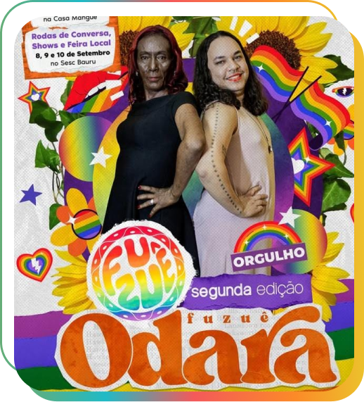 Cartaz do Festival Odara – segunda edição, com duas pessoas em destaque diante de um fundo colorido com elementos de diversidade, anunciando programação cultural em Bauru.
