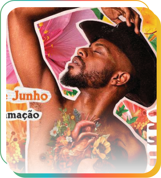 Homem negro usando chapéu, com o corpo em pose expressiva e olhar voltado para cima, em composição artística com colagem de flores, cores vibrantes e elementos gráficos, representando a identidade visual do Festival Odara.